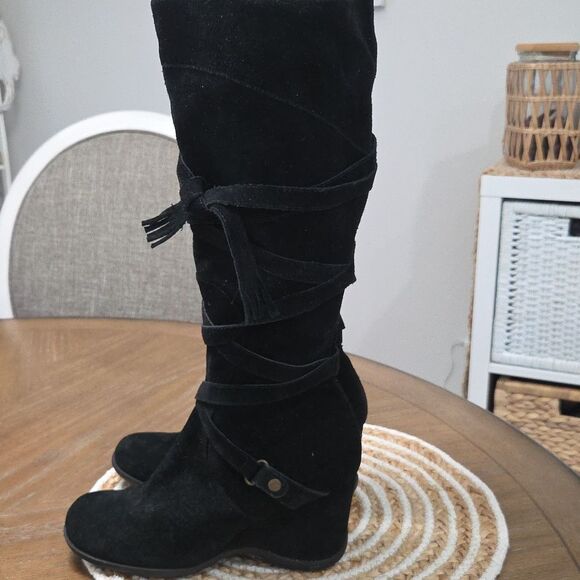 Me Too Sydney Black Suede Wedge Lace-up knee High Boot, SIZE 8 - Picture 6 of 9